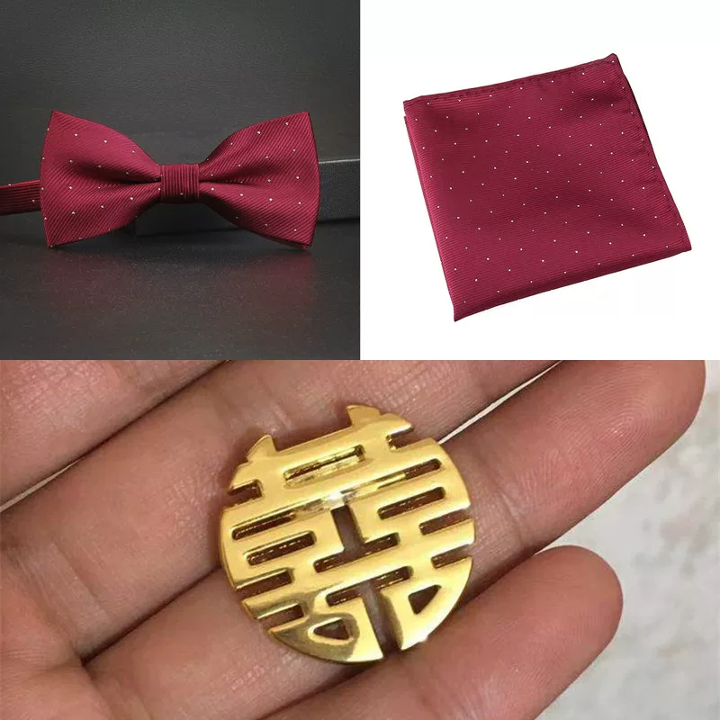 Golden wedding dress for men and women, beige bow tie with bow, champagne color