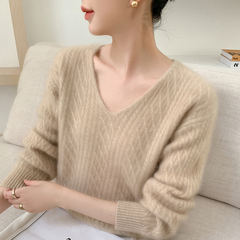 Albas Virgin Cashmere Sweater for Women, V-Neck, Thickened, Loose Fit, Lazy Style, Knitted Base Sweater, Versatile Sweater Albas Virgin Cashmere Sweater for Women, V-Neck, Thickened, Loose Fit, Lazy Style, Knitted Base Sweater, Versatile Sweater