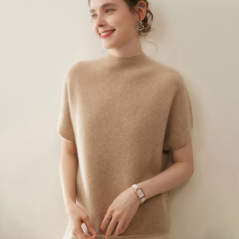Women's Cashmere Sweater with Half-High Collar, Short Sleeves, Knitted Flutter Sleeves, Simple Versatile Wool Sweater Women's Cashmere Sweater with Half-High Collar, Short Sleeves, Knitted Flutter Sleeves, Simple Versatile Wool Sweater