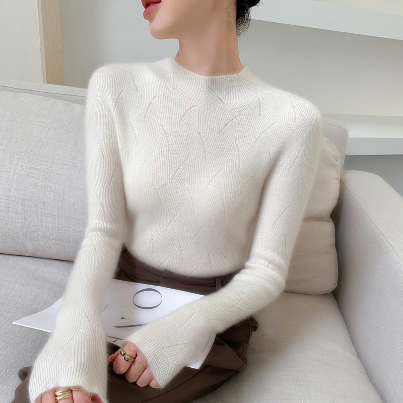 New Cashmere Sweater for Women, Half-Turtleneck Jacquard Base Shirt, Slimming, Versatile, Soft and Cozy Knit Sweater