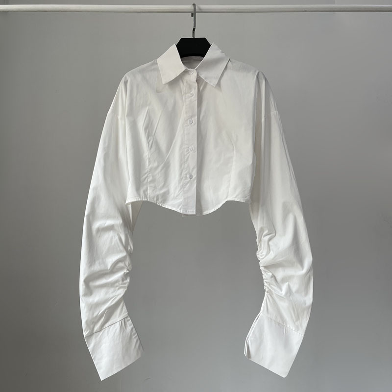Trendy European and American Style Crop Top White Shirt for Women, Street Style Loose Solid Color Turn-Down Collar Long Sleeve Waist-Cinching Cardigan Top