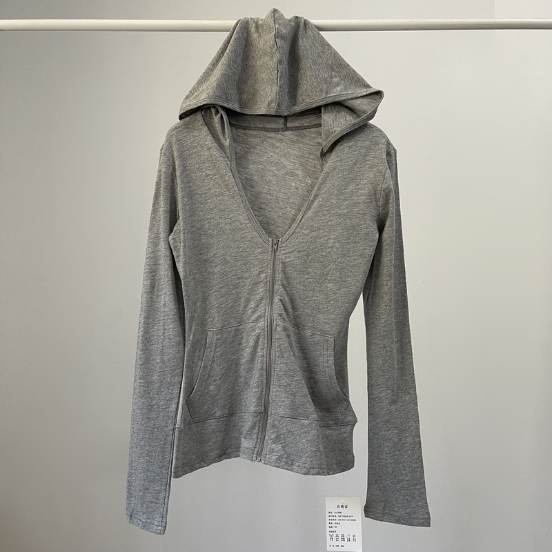 American Style Hot Girl Fashion Solid Color Sexy Zipper Hoodie Women's Early Autumn Slimming Knit Thin Jacket Sports Top American Style Hot Girl Fashion Solid Color Sexy Zipper Hoodie Women's Early Autumn Slimming Knit Thin Jacket Sports Top
