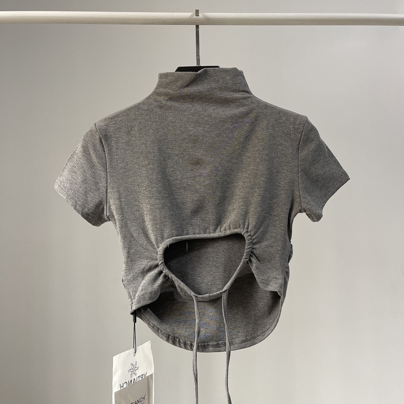 Purely Sexy Hot Girl Style Backless Tie-Up Design Short-Sleeve T-Shirt for Women, European and American Style, Summer Thin Half-High Collar Crop Top