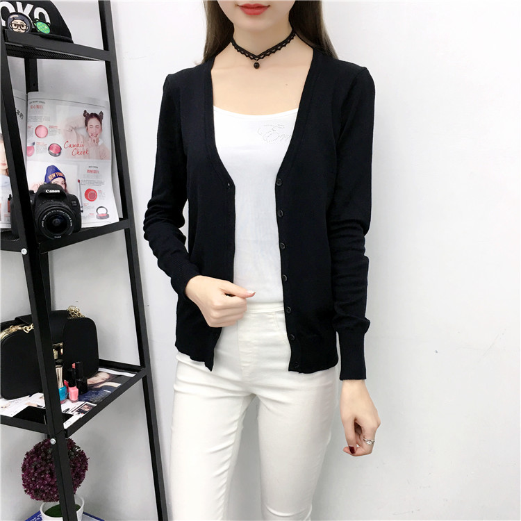 Áo len dệt kim mùa xuân và áo len nữ áo len điều hòa không khí bên ngoài áo dài tay cổ chữ V mỏng ngắn mùa hè mỏng áo cổ lọ