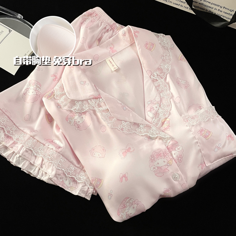 Pajamas with Breast Pads for Women, Summer Ice Silk Thin Style, Cute Little Sheep Short-Sleeved Student Home Clothes, Can Be Worn Outside, Two-Piece Set