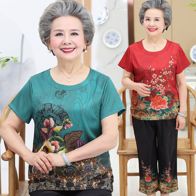 Middle-aged and elderly women's clothing summer clothing national wind short sleeve suit 60-70-80-year-80 grandma dress T-shirt mom loaded with two sets-Taobao