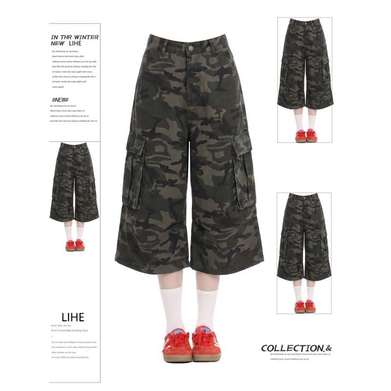 American Retro Camouflage Workwear Denim Shorts for Women, New Summer Style, Plus Size, High-Waisted, Slimming, Straight-Leg, Capri Pants