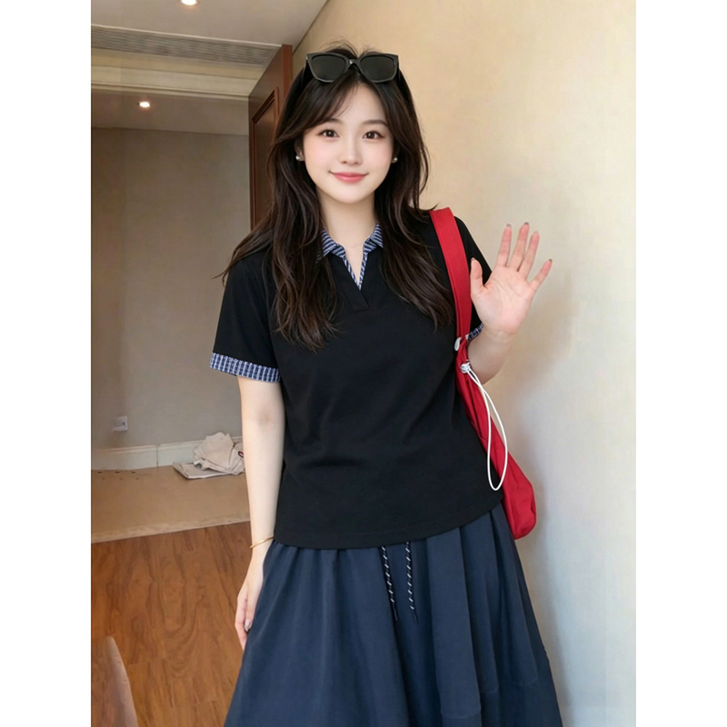 150kg Plus Size Plaid Patchwork Regular Shoulder Polo Short Sleeve T-Shirt for Women, New Summer Style, Loose Design Top for Plus Size Women 150kg Plus Size Plaid Patchwork Regular Shoulder Polo Short Sleeve T-Shirt for Women, New Summer Style, Loose Design Top for Plus Size Women