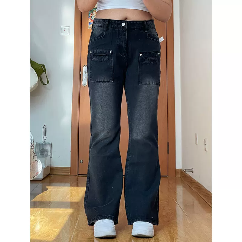 Black autumn jeans, flared trousers, plus size