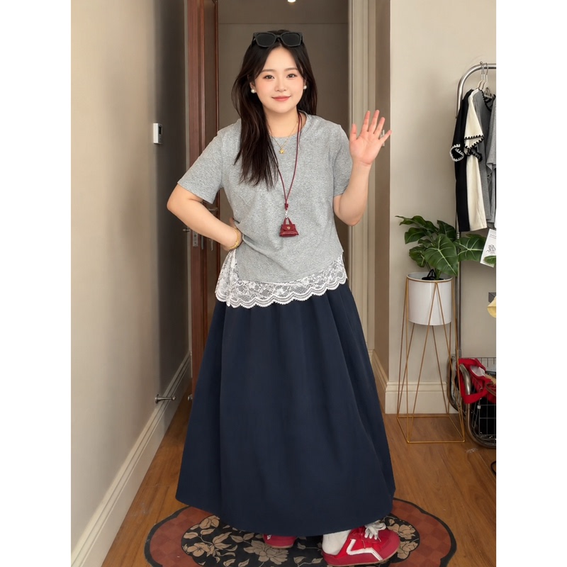 Plus-Size Lace Patchwork Short-Sleeve T-Shirt for Women, New Summer Style, Korean Style, Slim Fit, Irregular Top for Curvy Women Plus-Size Lace Patchwork Short-Sleeve T-Shirt for Women, New Summer Style, Korean Style, Slim Fit, Irregular Top for Curvy Women