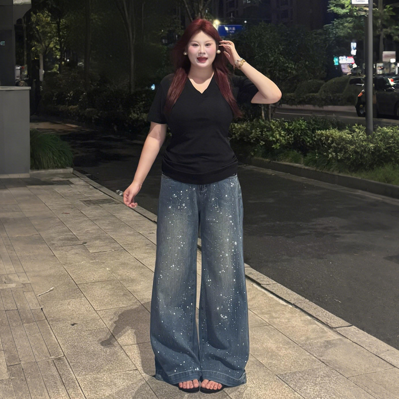 150kg American Style Sparkling Rhinestone Jeans for Women, New Spring Pants, Plus Size, Loose Fit, Slimming Wide-Leg Pants