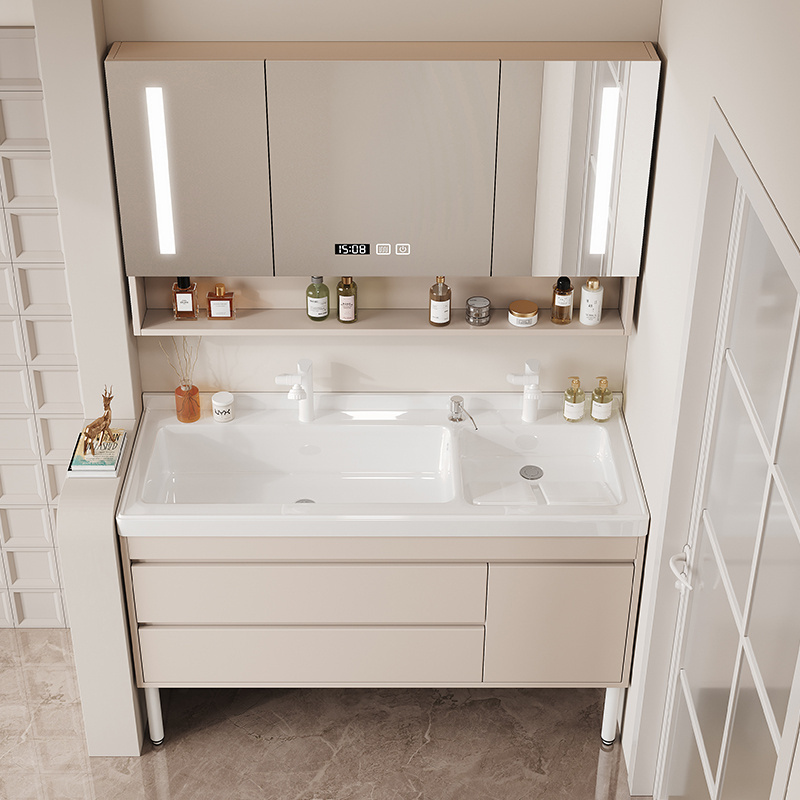 Simple Cream Style Ceramic Integrated Basin Washboard Double Faucet Bathroom Cabinet Smart Mirror Cabinet Solid Wood Laundry Washbasin