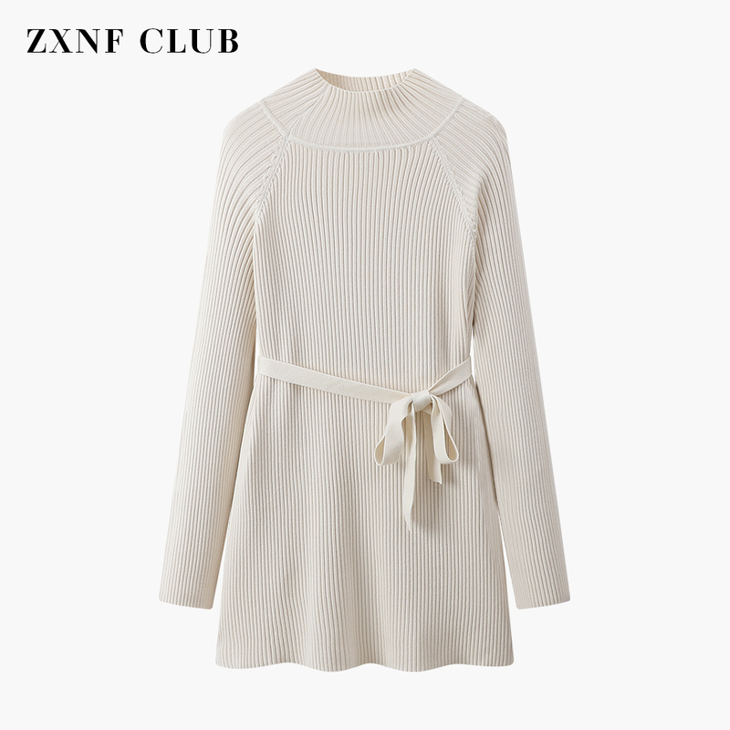 Autumn and Winter Korean Style Elegant Half-High Collar Tie Loose-Fitting Hip-Covering Lazy Style Knitted Sweater Mid-Length Base Sweater Dress