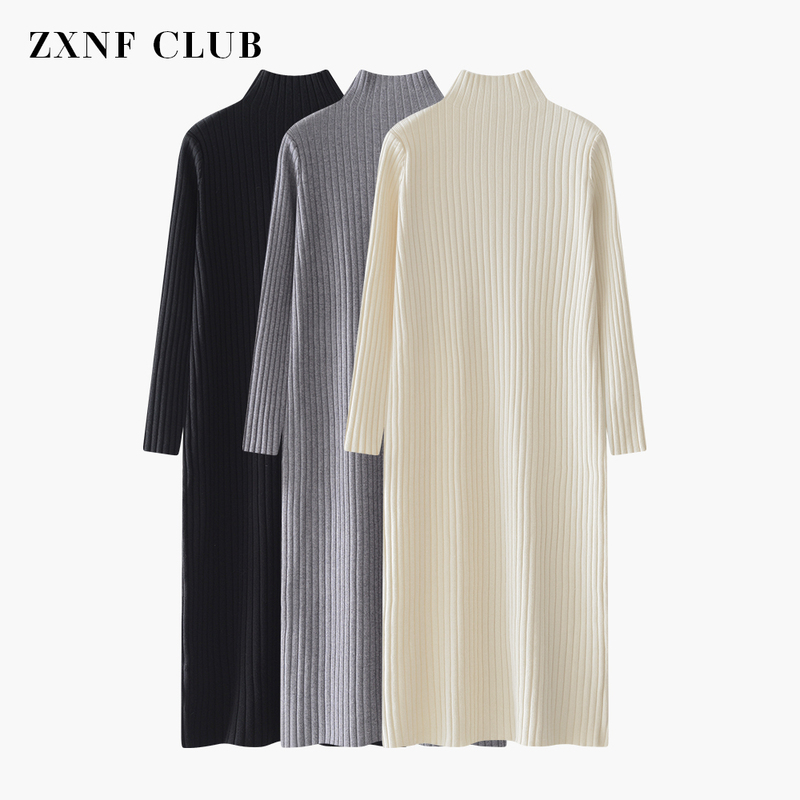 Autumn and Winter Half-High Collar Long Sweater Dress for Women, Mid-Length Black Over-The-Knee Knit Dress to Pair with a Coat