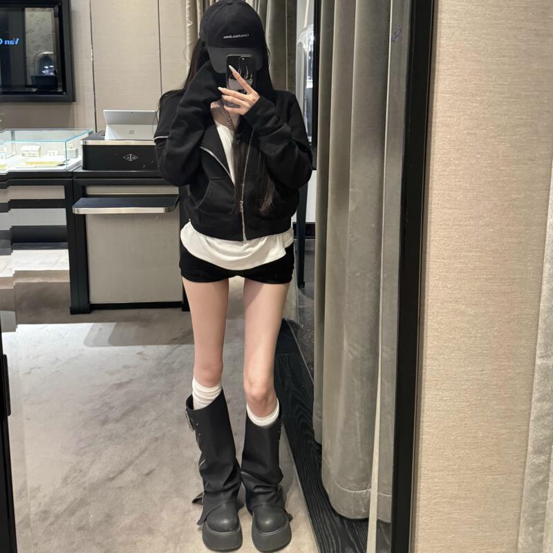 021Ope Minimalist Dark Irregular Zipper Jacket Black Long-Sleeve Top Turn-Down Collar Sweatshirt Slim Fit Short Classic