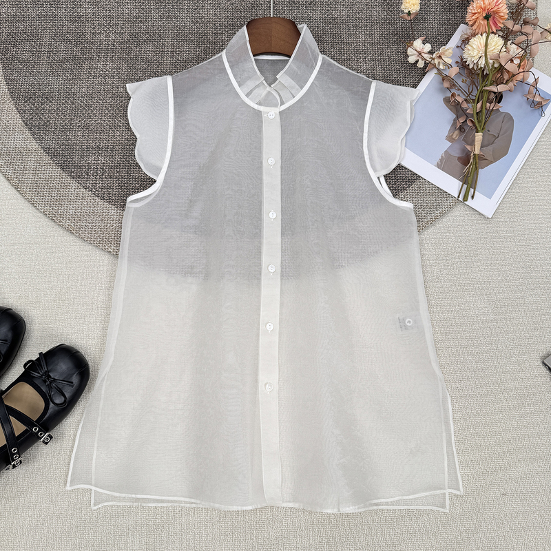 【Versatile Piece】New Chinese-Style Mulberry Silk Sleeveless Shirt with Small Flutter Sleeves, Stand Collar, Jacquard, Slightly Sheer, Versatile Top for Women