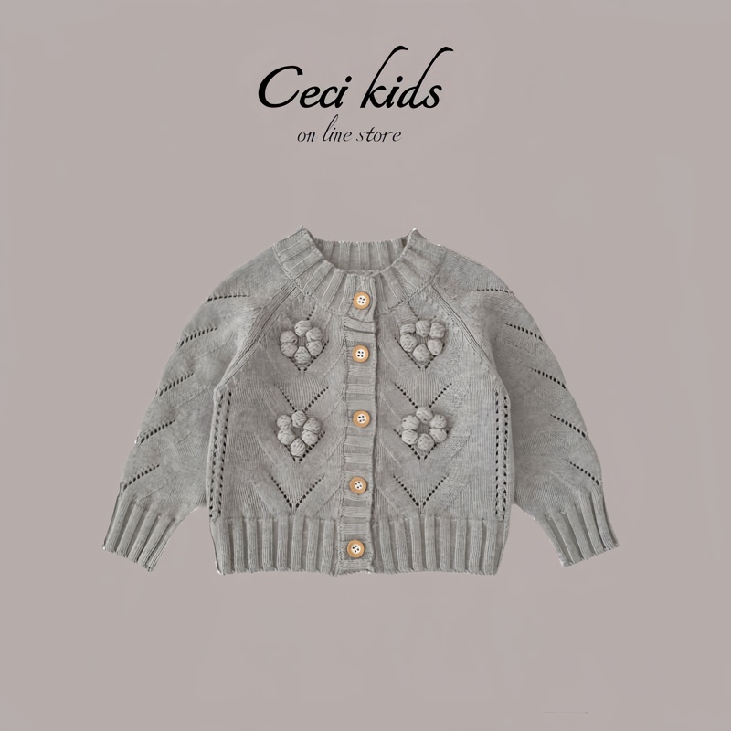 Korean Infant Knitted Sweater Jacket 2025 Autumn New Style Baby Girl Hollow Crochet Ball Cardigan