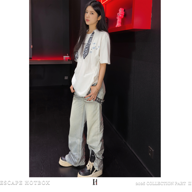 Escape Hotbox Niche Natural Mud-Dyed Distressed Creased Jeans Straight Wide-Leg Splatter Ink Dirty Pants