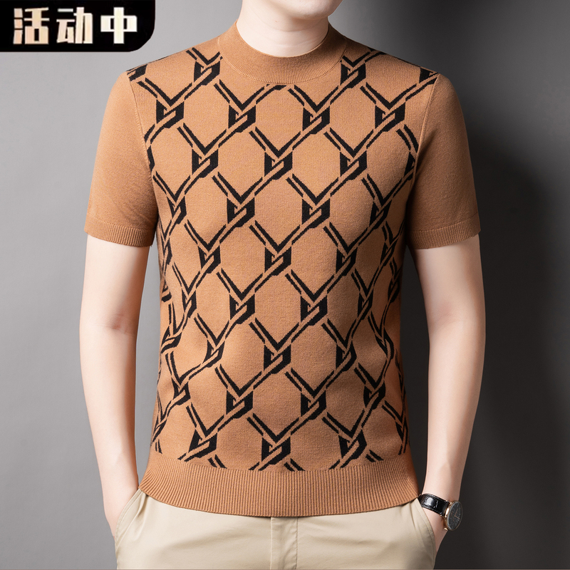 Ordos City Produces Autumn and Winter Style Diamond-Patterned Short-Sleeved Woolen Sweaters for Men, Half-High Collar T-Shirts, Knitted Half-Sleeve Base Layer Sweaters Ordos City Produces Autumn and Winter Style Diamond-Patterned Short-Sleeved Woolen Sweaters for Men, Half-High Collar T-Shirts, Knitted Half-Sleeve Base Layer Sweaters