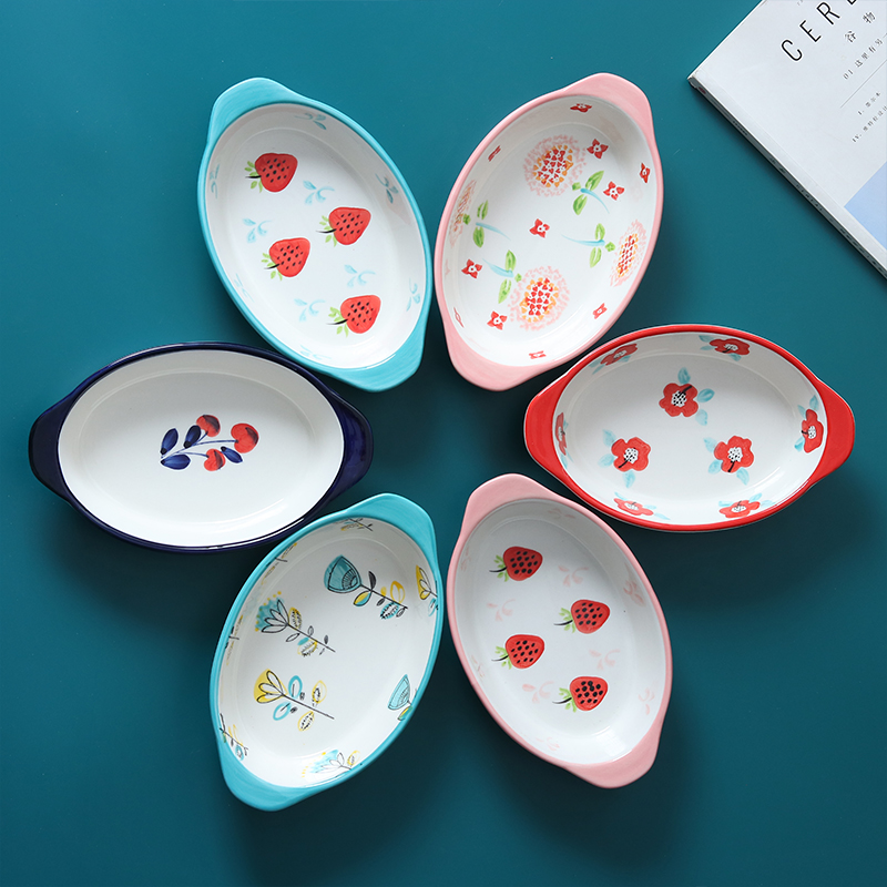 Hand Painted Strawberry Ceramic Baking Pan Cheese Baking Dinner Tray Microwave Oven Oven Available Baking Binaural Dishes Plate home