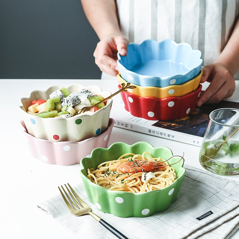 Polka dot ceramic lace bowl fruit salad bowl eating bowl Japanese creative tableware cute polka dot bowl home
