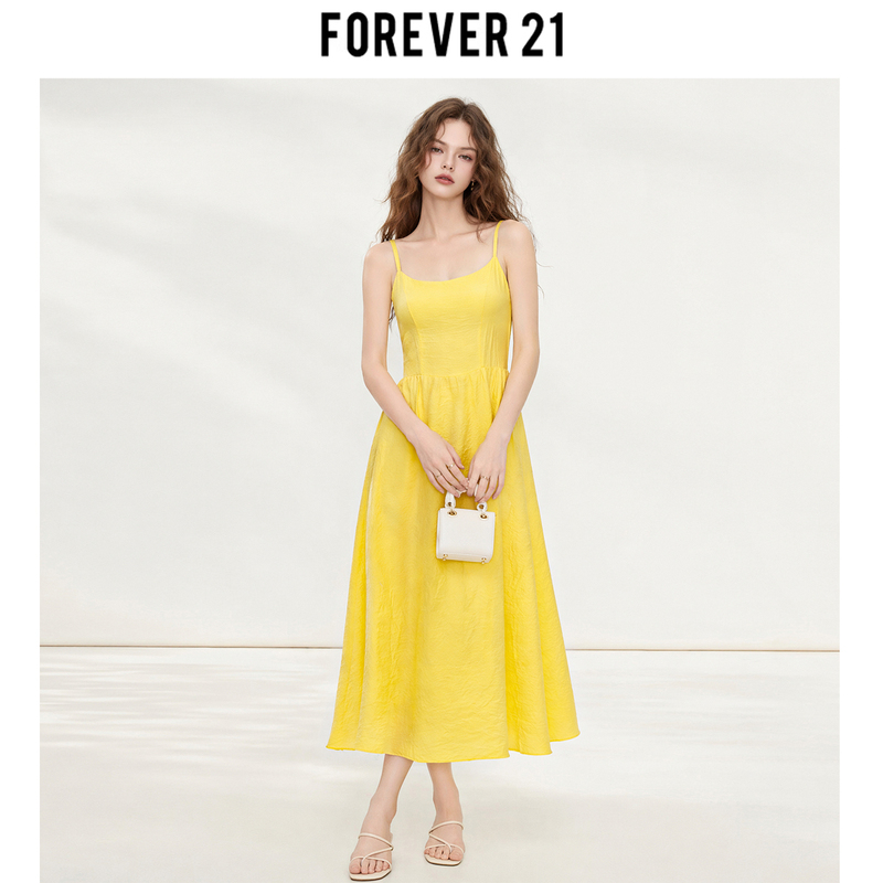 Forever 21 Yellow Spaghetti Strap Dress for Women, French Style, Waist-Cinching, Slimming A-Line Dress, Dopamine Beach Vacation Dress