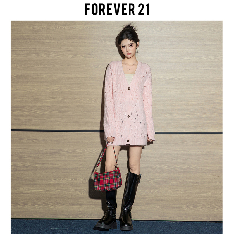 Forever 21 Korean Style Elegant and Age-Reducing Pink Slimming Cardigan for Women, Versatile Mid-Length Knitted Sweater for Autumn and Winter