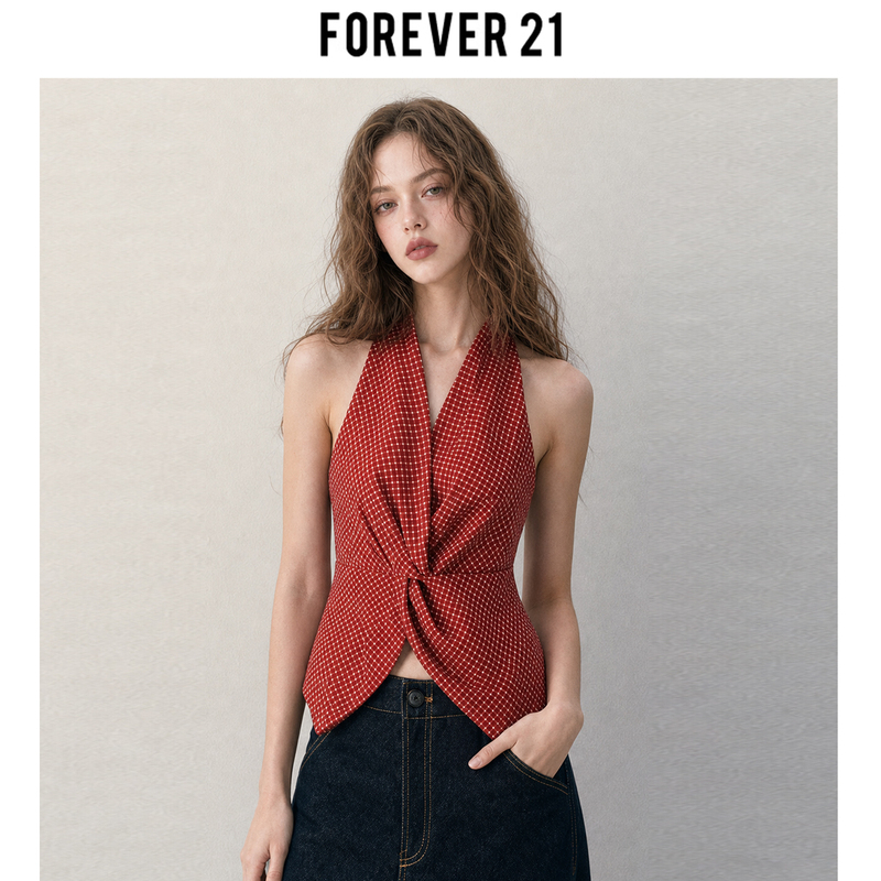 Forever 21 French Retro Red Plaid V-Neck Halter Neck Camisole with a Sense of Atmosphere, Waist-Cinching Sleeveless Top