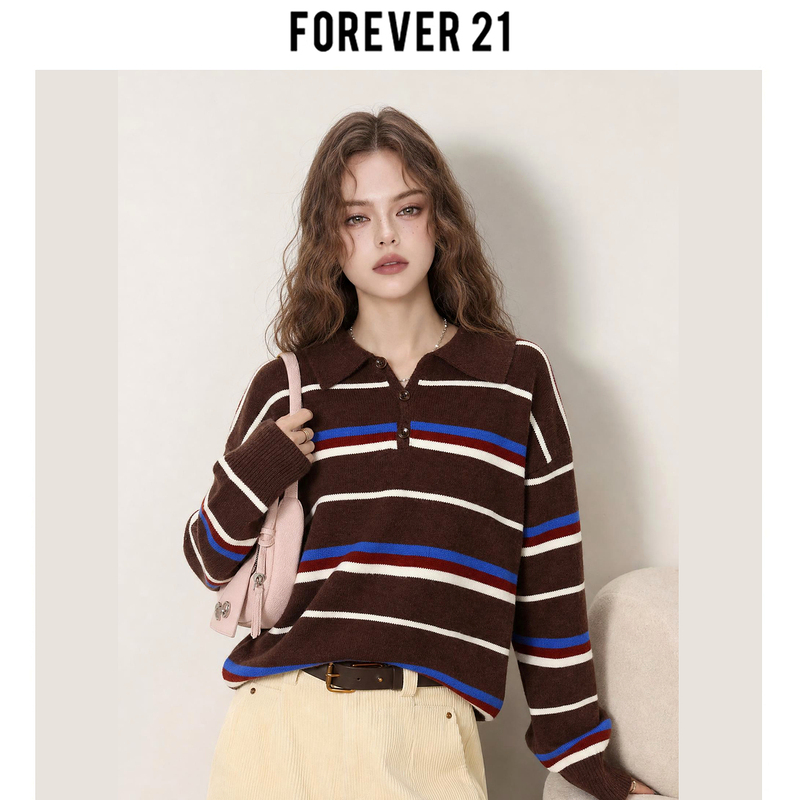 Forever 21 Coffee-Colored Blue Striped 2026 Summer New Sweater Casual Trendy Spicy Girl Style Korean Fashion Forever 21 Coffee-Colored Blue Striped 2026 Summer New Sweater Casual Trendy Spicy Girl Style Korean Fashion