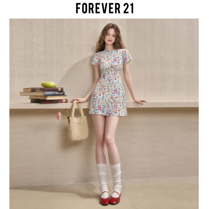 Forever 21 Is a Very Pretty Floral Round-Neck A-Line Dress for Women, Summer Waist-Cinching Puff Short-Sleeve Vacation-Style Dress Forever 21 Is a Very Pretty Floral Round-Neck A-Line Dress for Women, Summer Waist-Cinching Puff Short-Sleeve Vacation-Style Dress