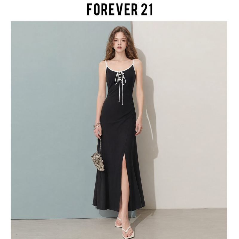 Forever 21 American Style Hot Girl Black A-Line Suspender Dress Women's New Chic Waist-Cinching Tie Slit Dress Forever 21 American Style Hot Girl Black A-Line Suspender Dress Women's New Chic Waist-Cinching Tie Slit Dress