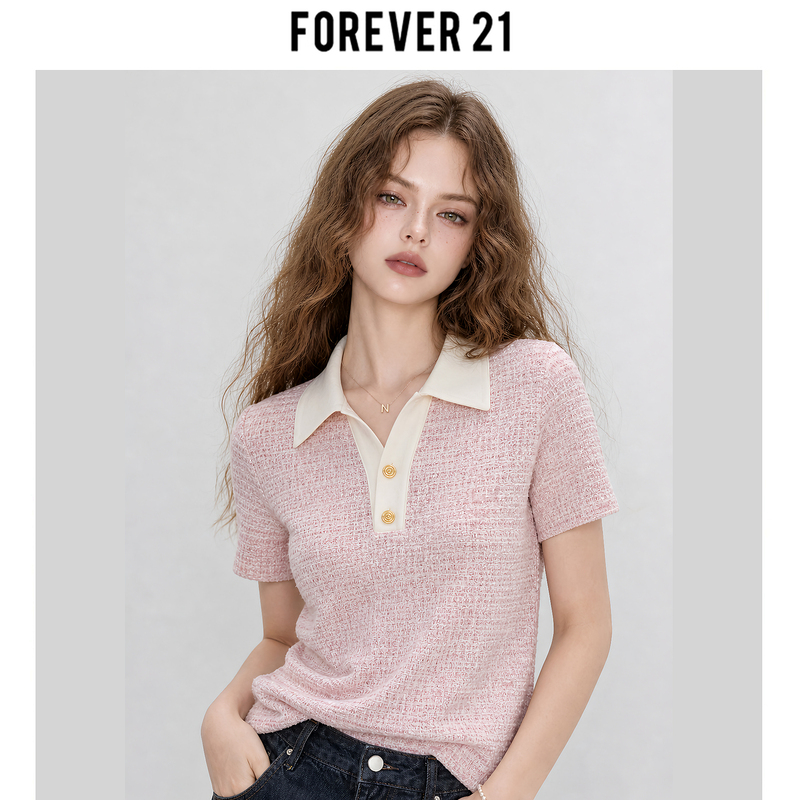 Forever 21 Pink 2026 Summer New T-Shirt Age-Reducing Top Polo Shirt Women's American Style Top Half-Sleeve