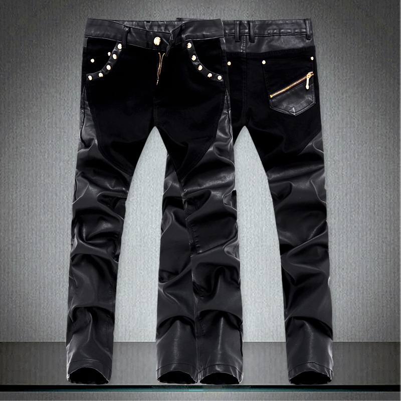 Mùa thu và mùa đông mới jeans nam xu hướng xe máy cá tính khâu quần da Mỏng mỏng feet quần nam quần đen