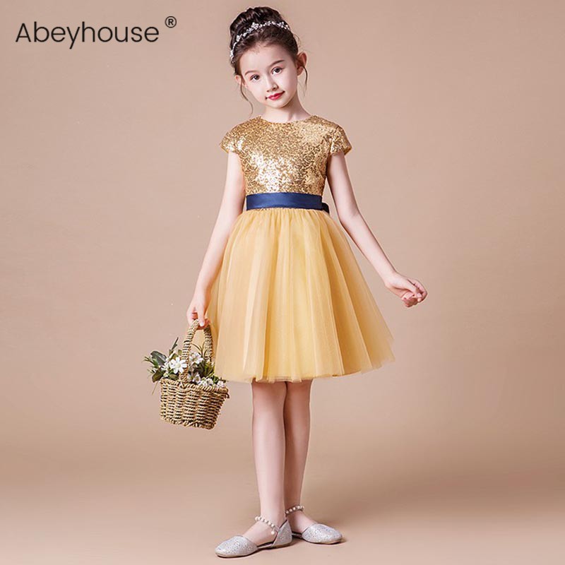 Girls piano short costumes golden fluffy gauze little girl children's princess dress model catwalk evening dress - Taobao