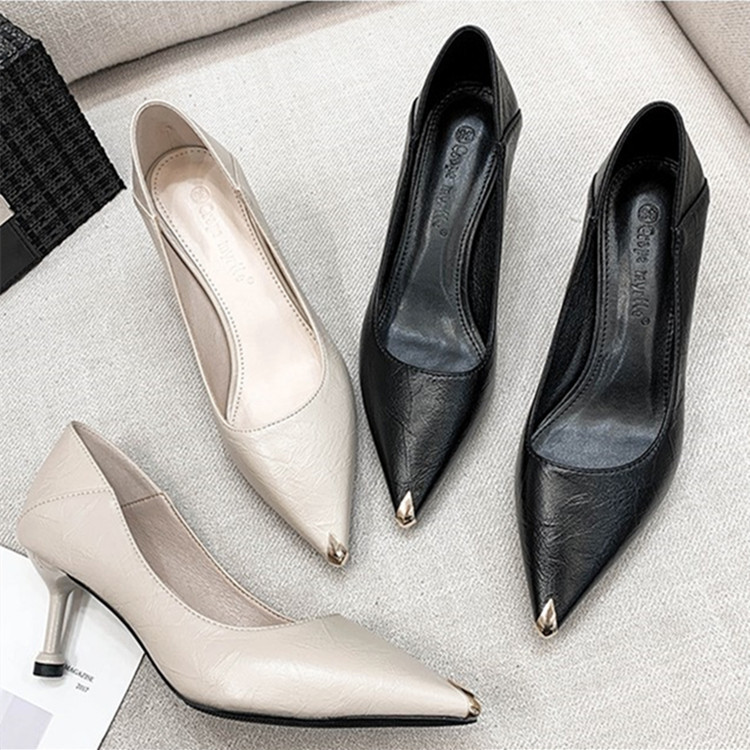 French-Style Genuine Leather Metal Pointed-Toe High Heels, Stiletto Heels, Commuter Shoes, Shallow Mouth Professional Work Shoes, Versatile Mid-Heel Women's Shoes