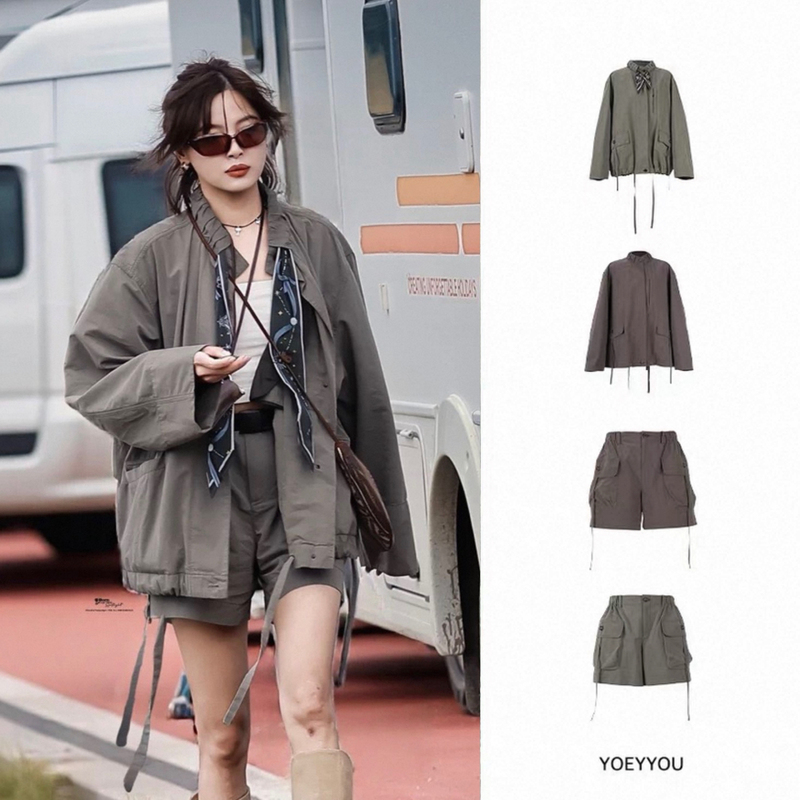 Xin Zhilei Style Yoeyyou Flutter Collar Tie Pocket Decoration Jacket Design Workwear Style Casual Jacket Shorts Xin Zhilei Style Yoeyyou Flutter Collar Tie Pocket Decoration Jacket Design Workwear Style Casual Jacket Shorts