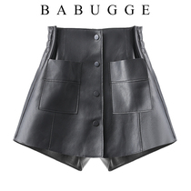 Korean Version Leather Shorts Woman 20 Autumn Winter New High waist Supper body Slim Fashion 100 Hitch Black PU Casual Broadlegged Pants Dress