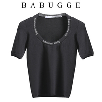 Han Edition Sashimi Slim Black T-Shirt Woman New Early Autumn Niche Design Sensation Letter Jacquard Short Sleeve Ice Silk Blouse