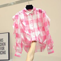 Design sense niche plaid chiffon shirt womens 2020 spring new Korean loose ruffle light cooked top trend