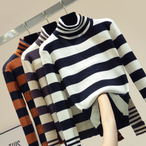 Turtleneck striped pullover sweater womens loose outer wear 2020 early spring new Korean version of the knitted bottoming shirt tide