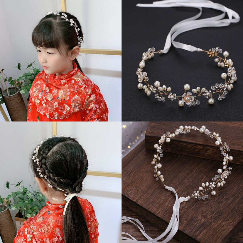 Beautiful flowers handmade beaded headband hair band girl pearl headdress princess performance birthday hair accessories
