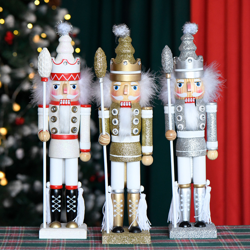 New 40Cm/42Cm Nutcracker with Gold, Silver, and White Glitter, Fluffy King, Christmas, for Best Friends, Wooden Craft