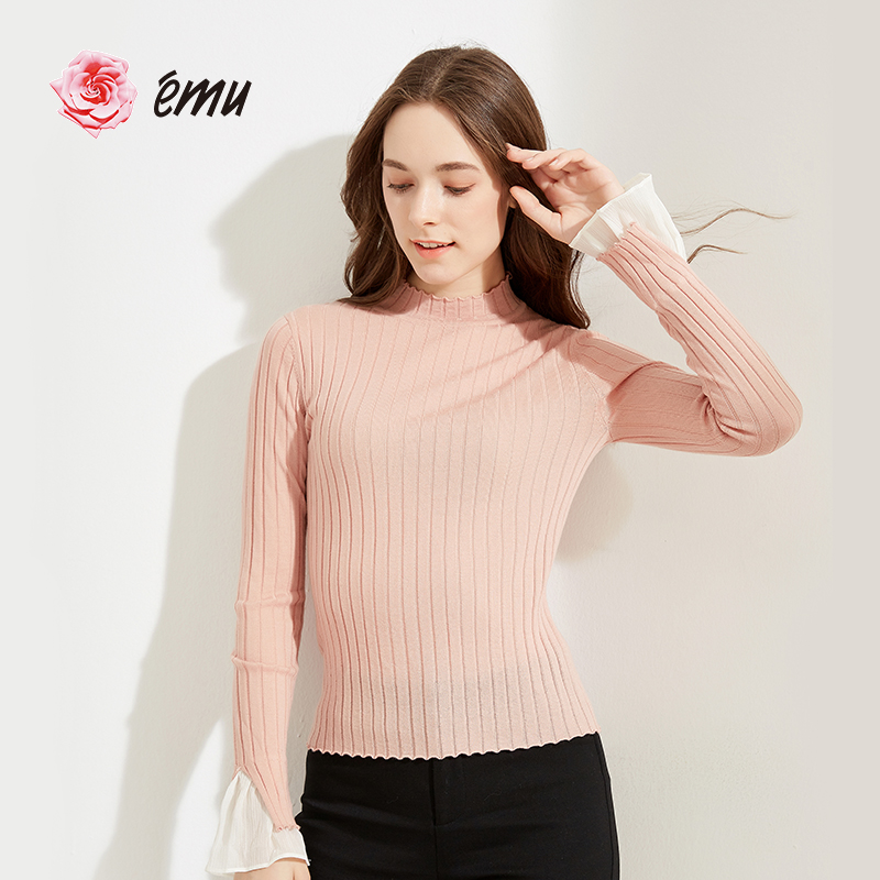 emu依妙2019秋冬新款100纯羊毛衫女半高领针织修身洋气打底毛衣