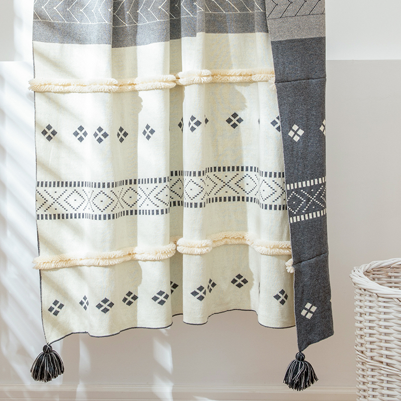 Bohemian Sofa Blanket, Ethnic Style Tufted Tassel Throw Blanket, Nap Blanket, Knitted Air Conditioning Blanket, All-Cotton Towel Blanket