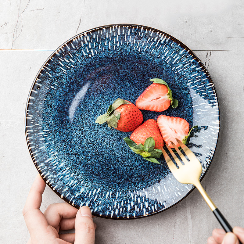 Nordic home blue plate creative ceramic dishes circular plate flat plate beefsteak plate tableware move