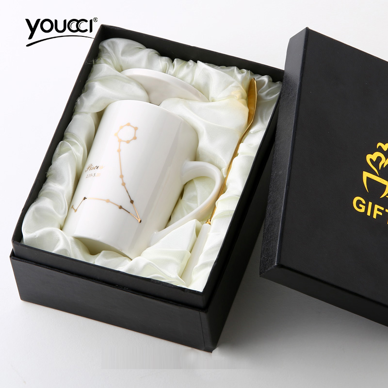 Creative glass ceramic cup couples constellation of gift boxes, mark cup with cover keller spoon coffee cup gift