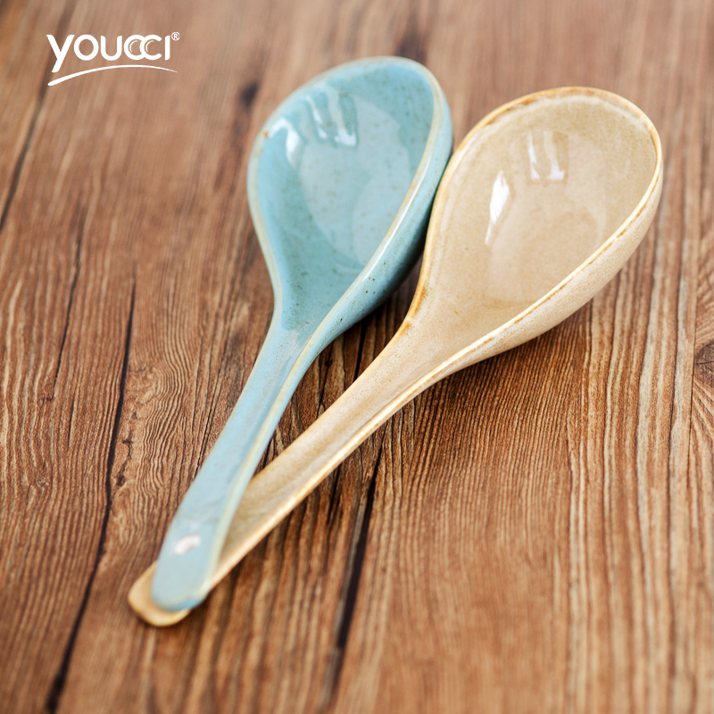Youcci porcelain ceramic spoon big spoon, household hotel leisurely long handle large porcelain spoon porridge spoon