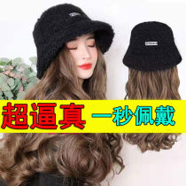 Wig hat spring autumn and winter Net red hat with head Lamb hair female autumn and winter Korean tide fashion integrated long curl hair