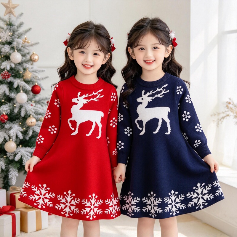 Christmas Clothing for Baby Girls, Knitted Dress, Autumn and Winter Cartoon Christmas Elk Long-Sleeved Sweater Dress for Girls and Middle-Aged Children