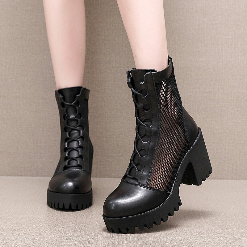 High-Heeled Chunky Heel Mesh Lace-Up Runway Martin Boots Thick-Soled Waterproof Platform Hollow-Out Sandals Side Zipper Closed-Toe Mesh Boots for Women